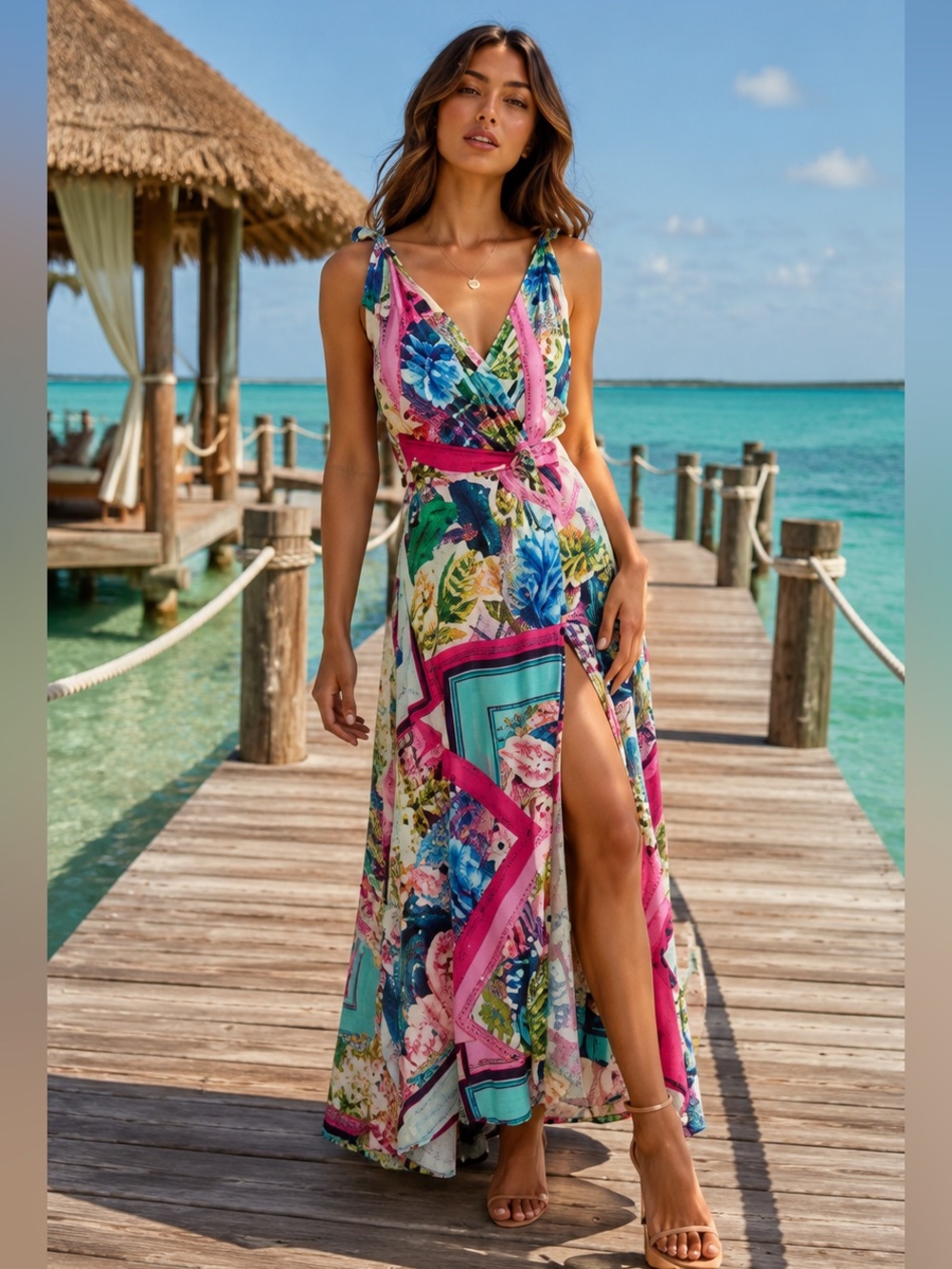 Zara Multicolor Tropical Print V-Neck Maxi Dress